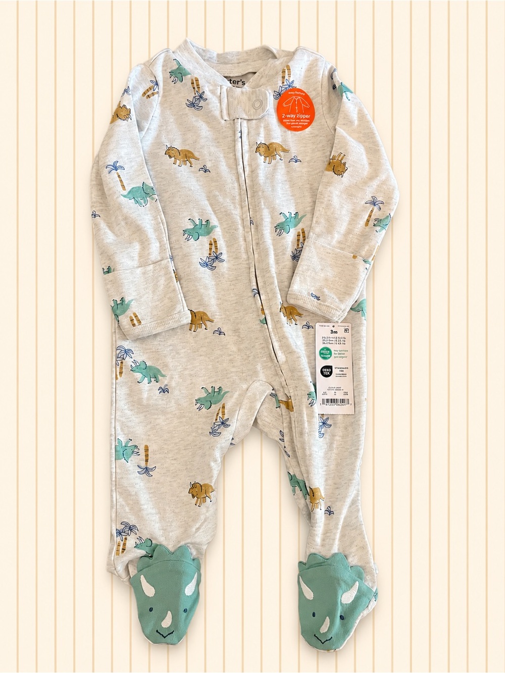 Carter's Gray Footed One-Piece with Teal and Mustard Dino Print